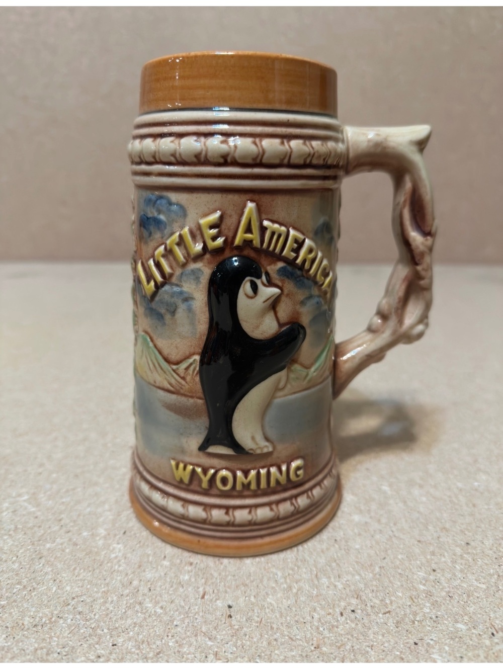 Vintage ENCO Japan Little America Wyoming Grand Tetons Ceramic Beer Stein 7”